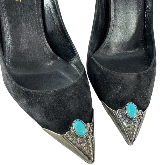 SAINT LAURENT Black Suede Zoe Metal Turquoise Cap Toe Pumps 38.5 - 8.5 US - Picture 6 of 12